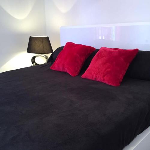 - un lit avec deux oreillers rouges et une lampe dans l'établissement Studio T1 Bis complètement indépendant, à Lourdes