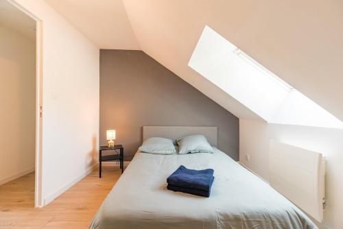 une chambre avec un lit avec un oreiller bleu dessus dans l'établissement Appartement 2 chambres au coeur de Saint-Brieuc, à Saint-Brieuc