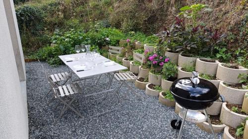une table et des chaises avec un grill et des plantes en pot dans l'établissement Appartement 2 chambres au coeur de Saint-Brieuc, à Saint-Brieuc