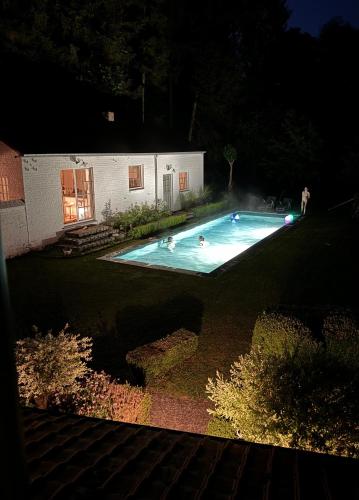 a group of people in a swimming pool at night at Maison privative dans un environnement idyllique in Lasne