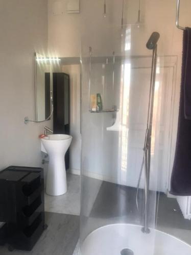 une salle de bain avec une douche, un lavabo et des toilettes dans l'établissement Chambre Minotaure - Métro François Verdier, à Toulouse