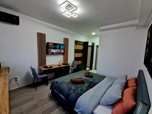 a bedroom with a bed and a desk with a computer at Modern Studio 2 in Onești