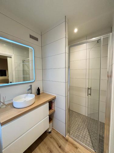 une salle de bain avec un lavabo et une douche dans l'établissement La Grange 1578 - Maison 4 étoiles - Centre Ville - Commerce à Proximité, à Obernai