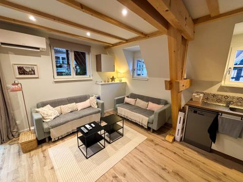 a living room with two couches and a table at La Grange 1578 - Maison 4 étoiles - Centre Ville - Commerce à Proximité in Obernai