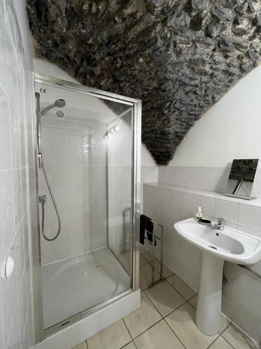 a bathroom with a shower and a sink at The Stable House Bourg d’Oisans -bike/hike/ski in Le Bourg-dʼOisans