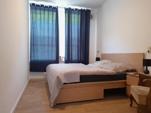 een slaapkamer met een groot bed met blauwe gordijnen bij City Apartment #1 bei der Porzellan Manufaktur in Meißen