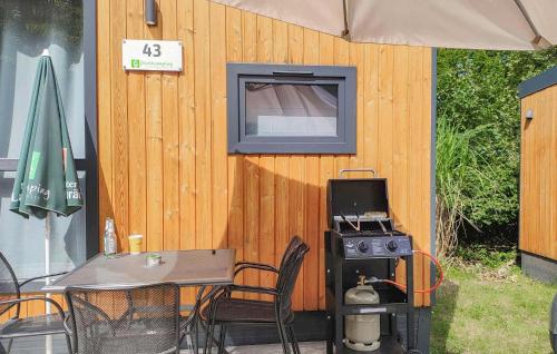 eine Terrasse mit Herd, Tisch und Fernseher in der Unterkunft Tiny Haus 43 Am Brombachsee in Pleinfeld