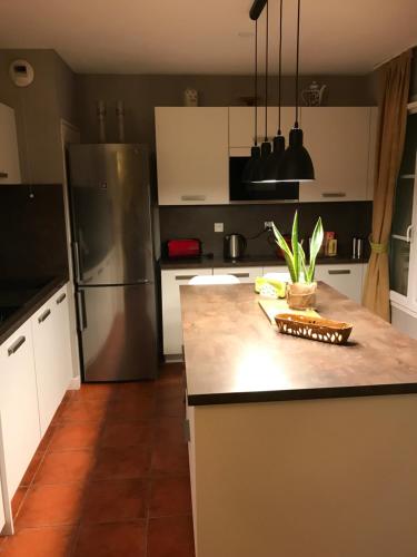 une cuisine avec un réfrigérateur en acier inoxydable et un comptoir dans l'établissement Gîte de standing climatisé avec piscine, à Sainte-Cécile-les-Vignes