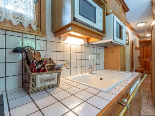 - une cuisine avec un évier et un panier d'ustensiles dans l'établissement Appartement cosy 28m² Méribel Mottaret, 6 pers, proche pistes et commerces, balcon, casier à skis - FR-1-355-9, à Méribel