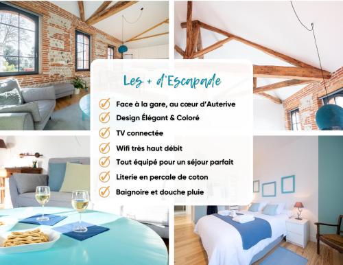 a collage of photos of a room with a bed and a table with food at Évasions-Escapade, centre-ville, gare in Auterive