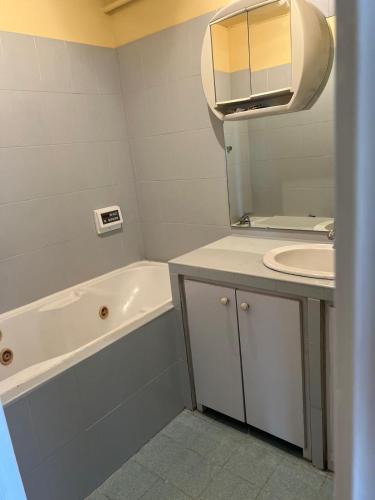 une salle de bain avec un lavabo, une baignoire et un miroir dans l'établissement Appartement 100m pour 6 personnes a coté du stade vélodrome, à Marseille
