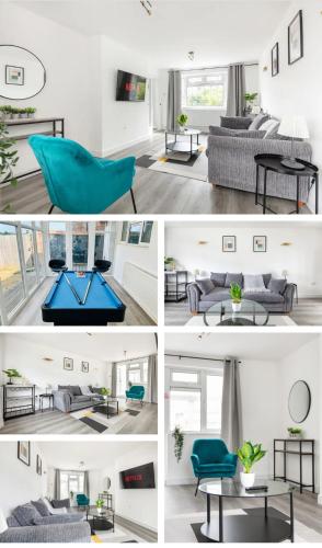 a collage of four pictures of a living room at Kent Haven - 3 bed house, Games room and Parking in Kent
