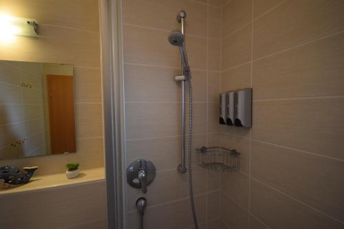 a shower with a shower head in a bathroom at Nestwerk Komfort R23-12 - Balkon, Arbeitsplatz & Zentrumsnah in Biberach an der Riß