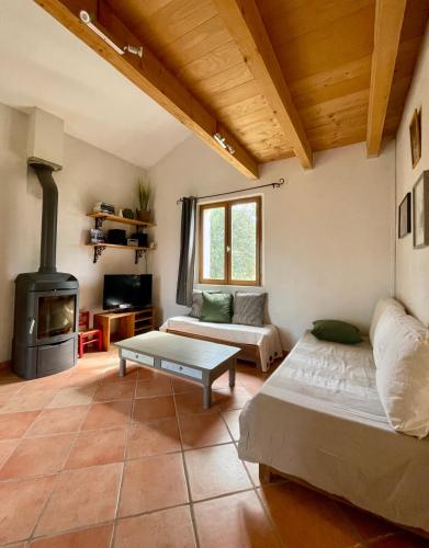 un salon avec deux lits et un poêle à bois dans l'établissement 349 Les Maridats, à Bédoin