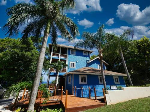 a blue house on the beach with palm trees at Incredible Ocean Views From Both Sides Of This Hill Top Home, in West Bay
