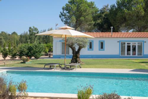 a villa with a swimming pool and an umbrella at Monte dos Pinheiros in São Teotónio