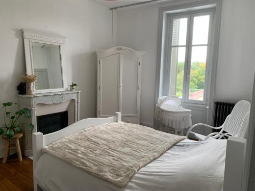 une chambre blanche avec un lit et une cheminée dans l'établissement Chambre chez Linda et Brice, à Châteauroux