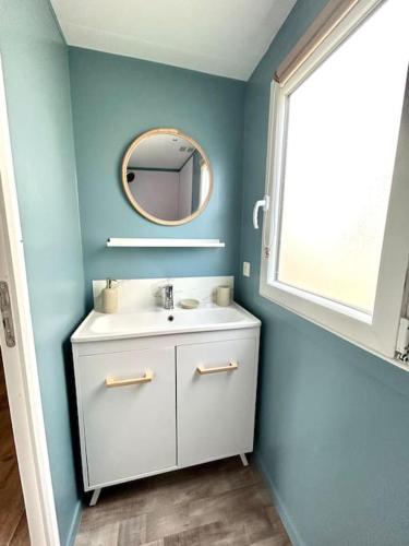 une salle de bain avec un lavabo blanc et un miroir dans l'établissement Mobil home à la tamarissière, au Grau-dʼAgde