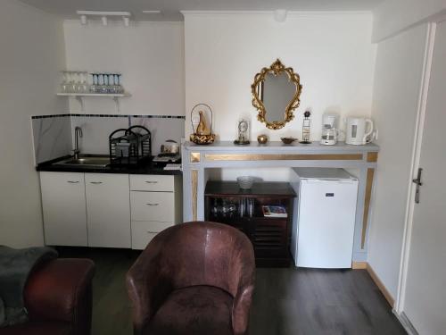 La cuisine est équipée d'une chaise, d'un évier et d'un réfrigérateur. dans l'établissement Gîte Studio Armen 3 Masson de Morfontaine, à Bar-sur-Aube