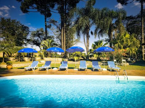 La Dolce Vita Park Hotel في ساو خوسيه دوس بينيس: مجموعة من الكراسي والمظلات بجانب حمام السباحة