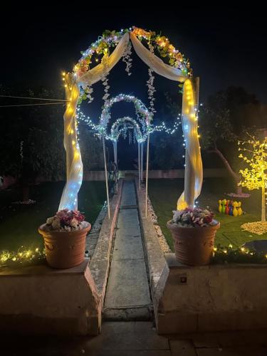 a garden arch with lights and flowers in pots at L’angolo rosa in Carosino