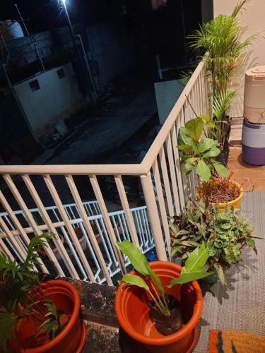a group of plants in pots on a balcony at Shriguru Guest House Akkalkot in Akalkot