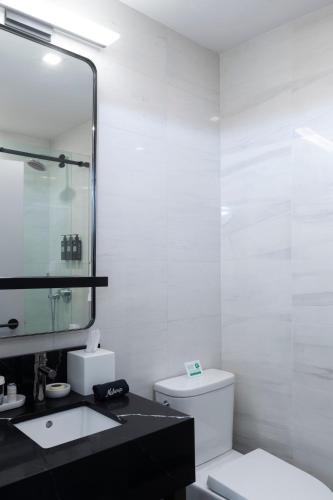 a bathroom with a toilet and a sink and a mirror at Broadway Plaza Hotel in New York