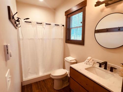 a bathroom with a toilet and a sink and a mirror at Elk Ridge Village 201A Cozy Cabin with views of Flathead Lake and the mountains in Lakeside