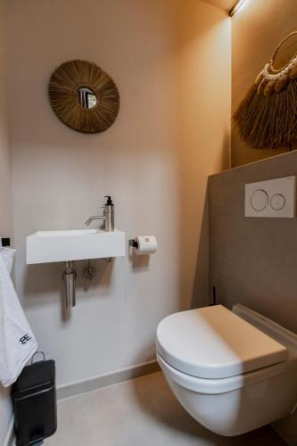 a bathroom with a toilet and a sink and a mirror at BTFL Living Antwerp in Antwerp