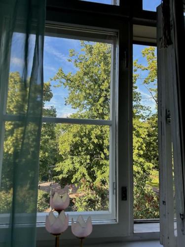 a window with three pink ducks sitting in front of it at Serenity City Studio in Helsinki
