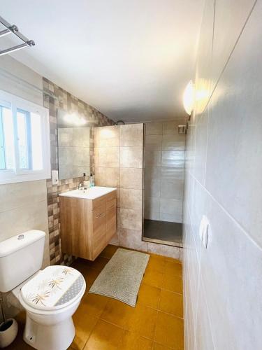 ein Badezimmer mit Toilette, Waschbecken und Dusche in der Unterkunft Casita Risa in Viñuela