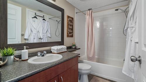 a bathroom with a sink and a toilet and a mirror at Cozy Mountain I Hot Tub & Pool I Close 2 Lake I TV in Invermere