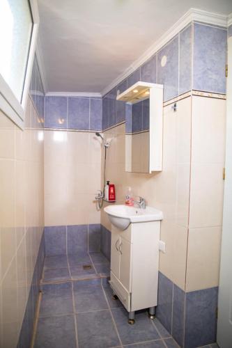 a small bathroom with a sink and a shower at Katakolo Apartments near Olympia in Katakolon