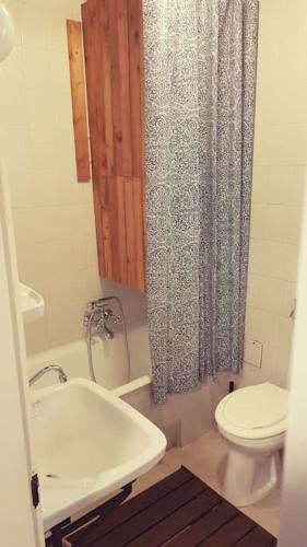 a bathroom with a sink and a toilet and a shower curtain at HÁRS meg az alja in Balatonszárszó