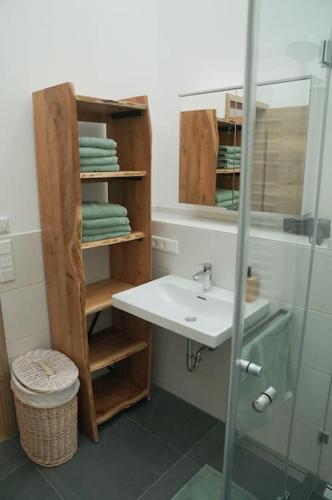 a bathroom with a sink and a glass shower at Loftwohnung Kaiserblick im Inntal - 83 qm - zentral & ruhig in Flintsbach am Inn