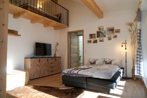 a bedroom with a bed and a television in a room at Loftwohnung Kaiserblick im Inntal - 83 qm - zentral & ruhig in Flintsbach am Inn