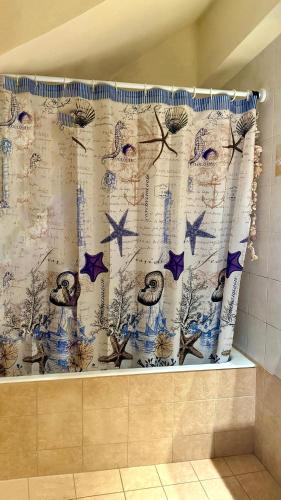 a shower curtain in a bathroom with stars at Sea House Lahania in Lachania