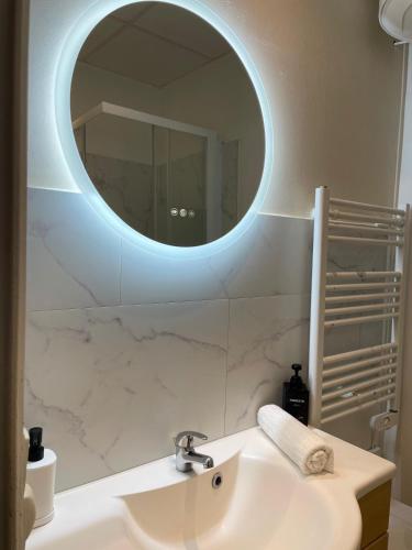 une salle de bain avec un lavabo et un miroir dans l'établissement Studio Cosy - Rue de la République, à Orléans