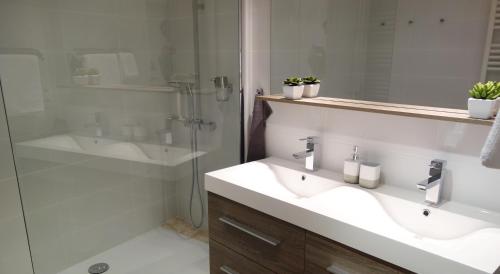 a bathroom with two sinks and a shower and a tub at Arles' Haven - Le Loft du Centre in Arles