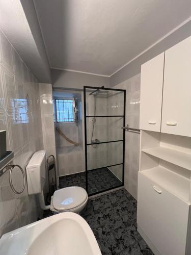 a white bathroom with a shower and a toilet at Lemon Tree in Agios Vlasios