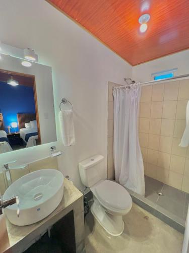 a bathroom with a toilet and a sink and a mirror at Hotel Citadin Z10 in Guatemala