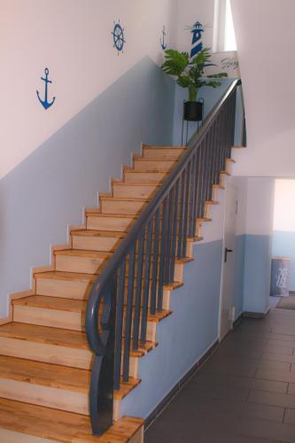 a staircase in a house with a potted plant at Seehafen Hostel in Hamburg