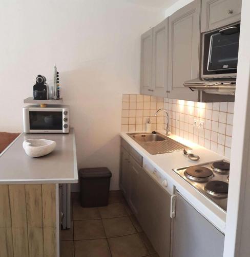 une petite cuisine avec un évier et un micro-ondes dans l'établissement Résidence Bouquetins - Super T3 à 100m des pistes proche du point show MAE-9751, à Vars