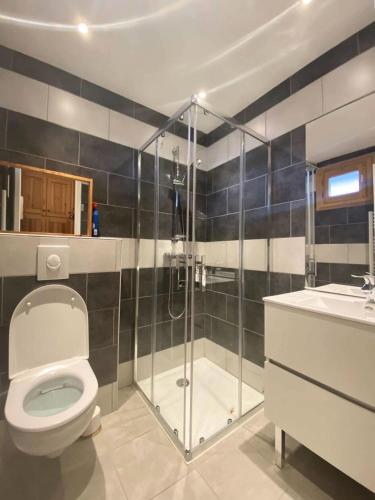 une salle de bain avec toilettes, douche et lavabo dans l'établissement Résidence Gaubert - Studio cabine à Vars pour 4 personnes idéalement situé MAE-9831, à Vars