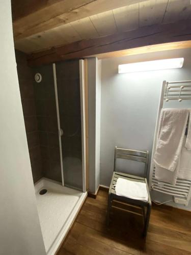 La petite salle de bains est pourvue d'une chaise et d'une douche. dans l'établissement Résidence Melezet 1 - Superbe duplex T2 à 100m des pistes secteur point show MAE-9811, à Vars