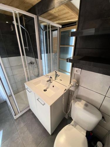 une salle de bain avec toilettes, lavabo et douche dans l'établissement Résidence Gaubert - Coquet studio 2 couchages à Vars près du point show MAE-9841, à Vars