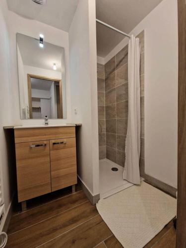 une salle de bain avec une douche, un lavabo et un miroir dans l'établissement Résidence Varsea - Studio récent 3 lits avec balcon sud MAE-0021, à Vars