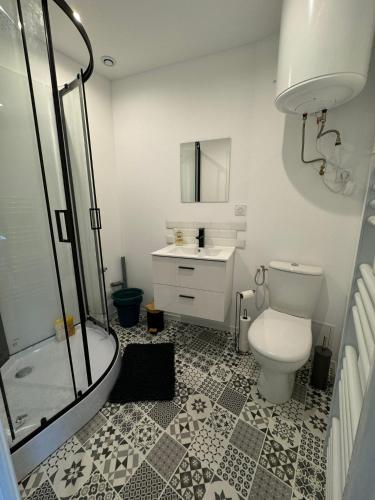 une salle de bain avec une douche, des toilettes et un lavabo dans l'établissement Studio 2ème étage - Centre-ville - Local vélos disponible, à Mayenne