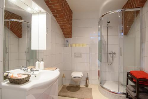 a bathroom with a shower and a sink and a toilet at Vienna Living Apartments - Währing in Vienna