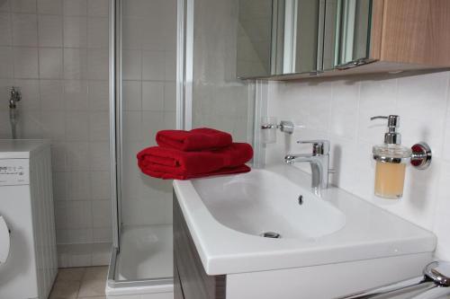 un baño con una toalla roja en un lavabo en Haus Deichbrise, en Niebüll